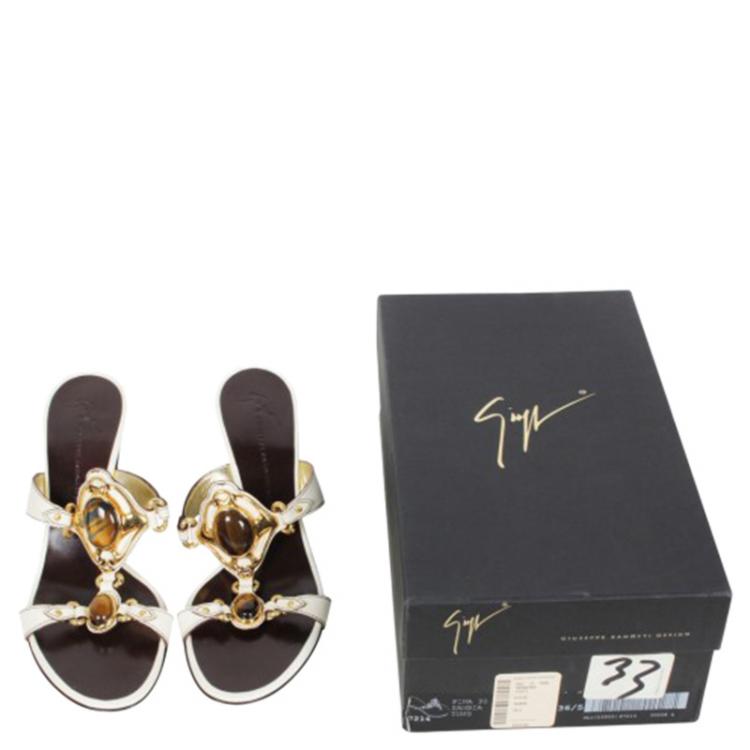 Pre Owned Giuseppe Zanotti White Embellished Leather Slides Size 38.5