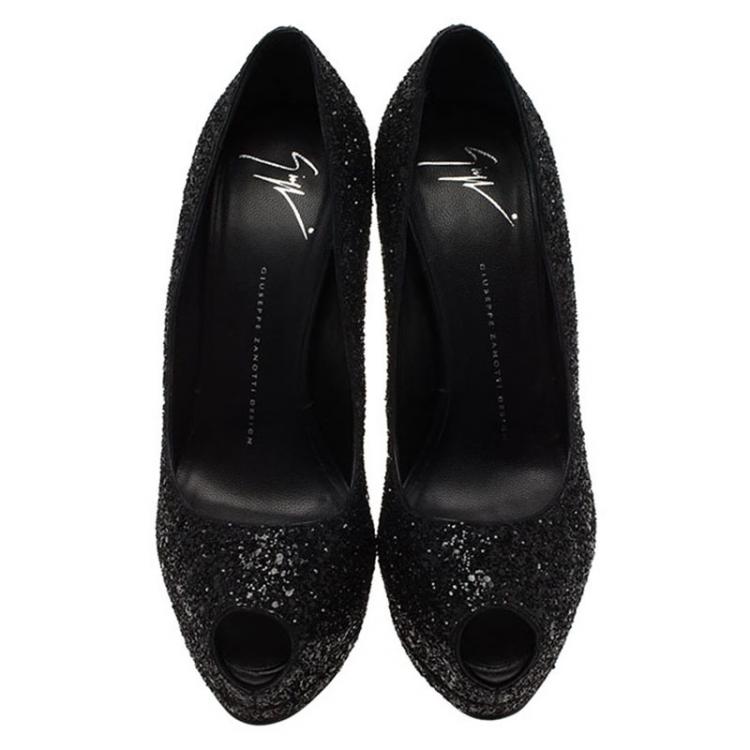 Pre Owned  Giuseppe Zanotti Black Coarse Glitter Sharon Peep Toe Platform Pumps Size 39