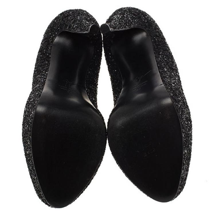 Pre Owned  Giuseppe Zanotti Black Coarse Glitter Sharon Peep Toe Platform Pumps Size 39