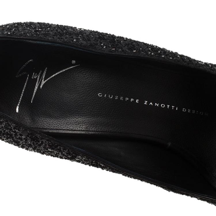 Pre Owned  Giuseppe Zanotti Black Coarse Glitter Sharon Peep Toe Platform Pumps Size 39