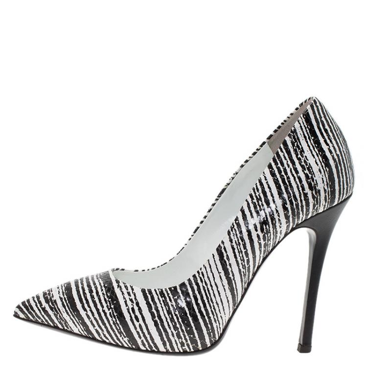 Pre Owned Giuseppe Zanotti Black and White Striped Python Embossed Leather Pumps Size 36.5