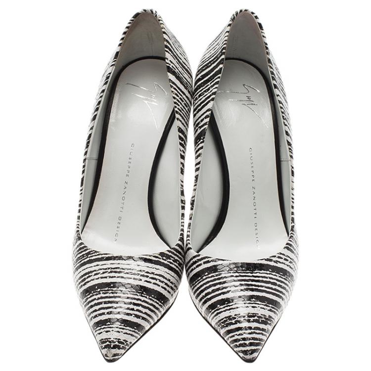 Pre Owned Giuseppe Zanotti Black and White Striped Python Embossed Leather Pumps Size 36.5