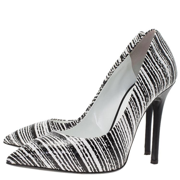 Pre Owned Giuseppe Zanotti Black and White Striped Python Embossed Leather Pumps Size 36.5