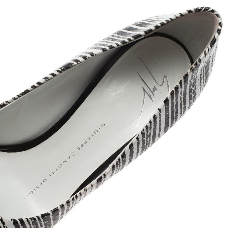 Pre Owned Giuseppe Zanotti Black and White Striped Python Embossed Leather Pumps Size 36.5