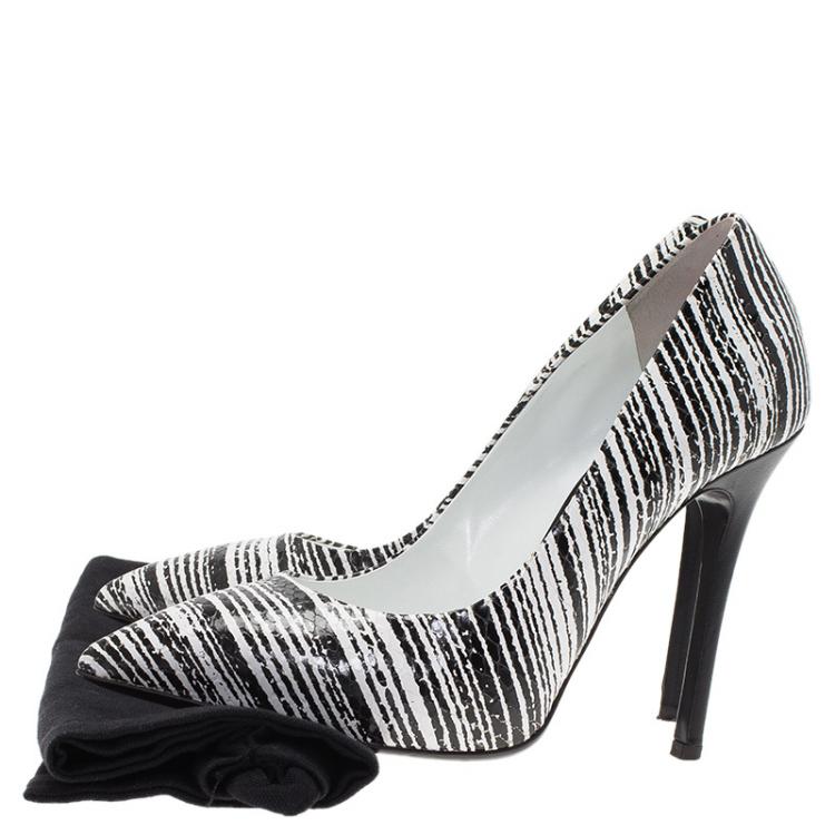 Pre Owned Giuseppe Zanotti Black and White Striped Python Embossed Leather Pumps Size 36.5