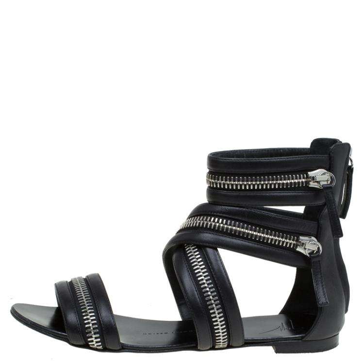 Pre Owned Giuseppe Zanotti Black Leather Zip Detail Flat Gladiator Sandals Size 37.5