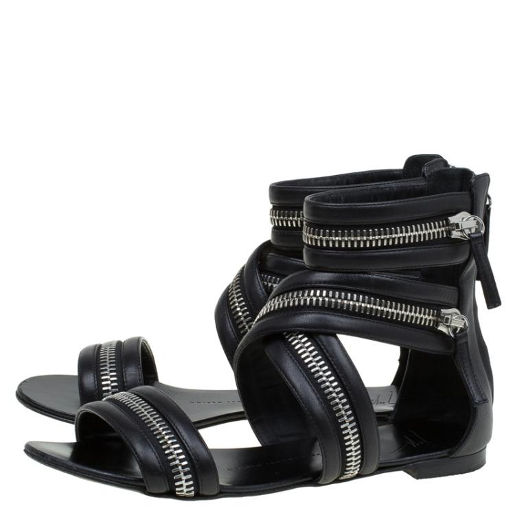 Pre Owned Giuseppe Zanotti Black Leather Zip Detail Flat Gladiator Sandals Size 37.5