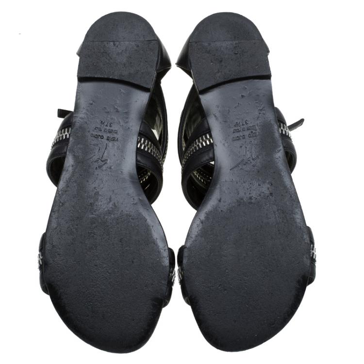 Pre Owned Giuseppe Zanotti Black Leather Zip Detail Flat Gladiator Sandals Size 37.5