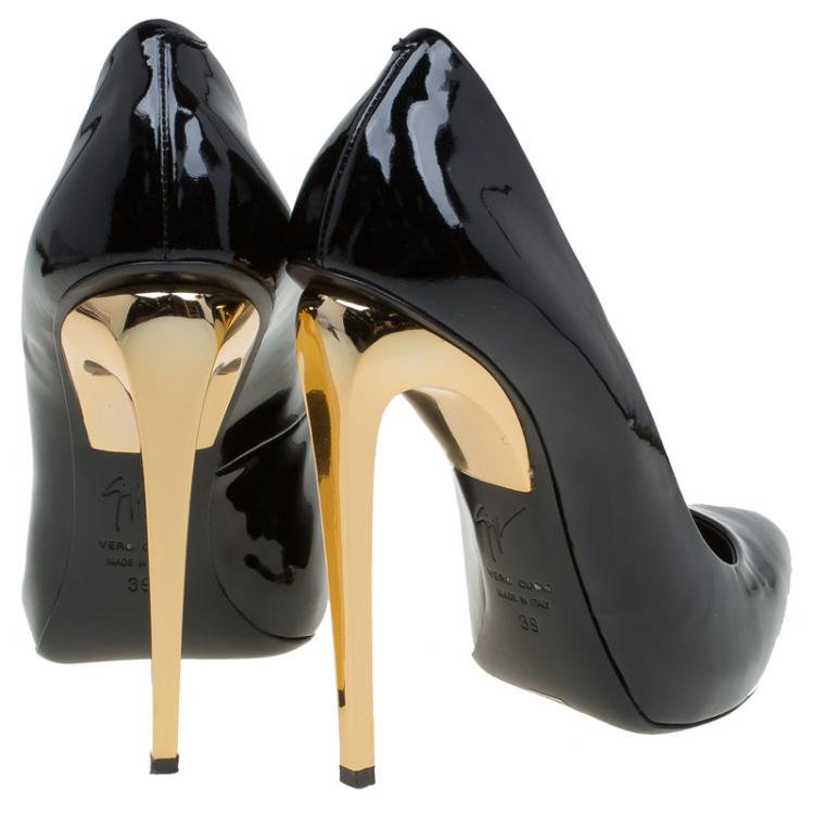 Pre Owned Giuseppe Zanotti Black Patent Gold Heel Pumps Size 39