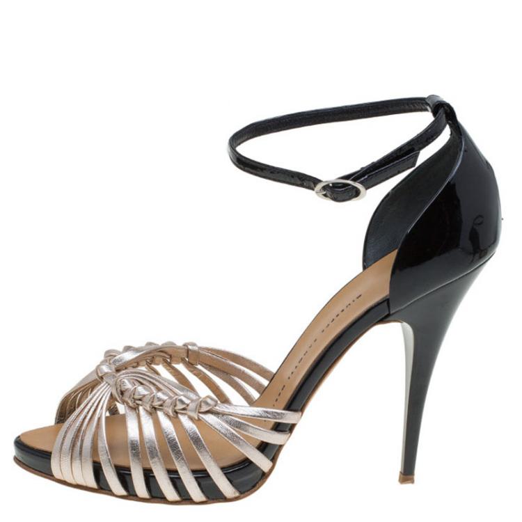 Pre Owned Giuseppe Zanotti Black and Gold Knotted Leather Ankle Strap Sandals Size 39