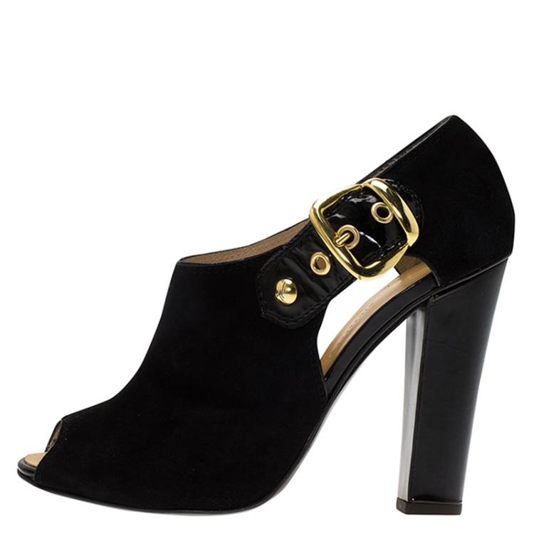 Pre Owned Giuseppe Zanotti Black Suede Peep Toe Buckle Booties Size 38