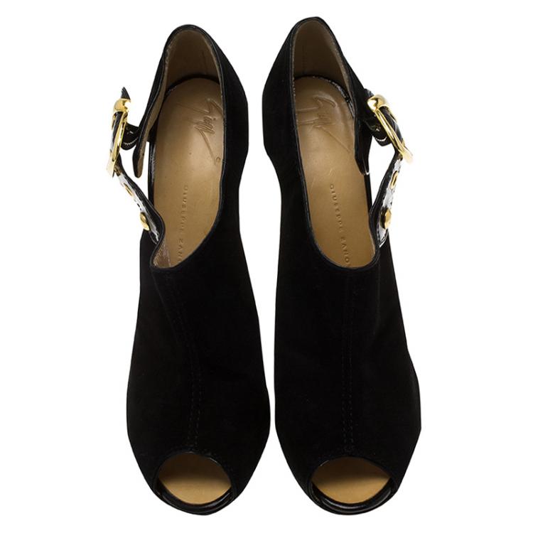 Pre Owned Giuseppe Zanotti Black Suede Peep Toe Buckle Booties Size 38
