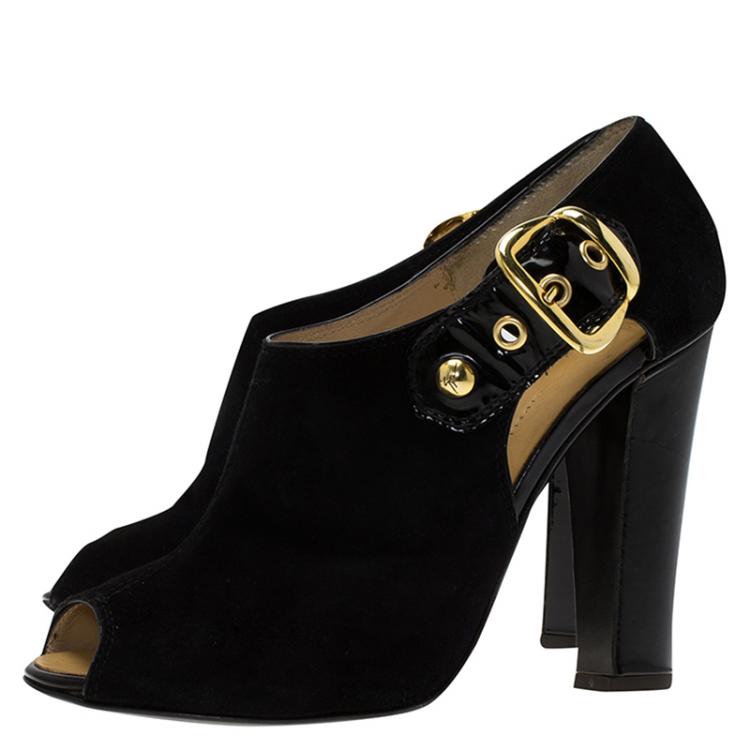 Pre Owned Giuseppe Zanotti Black Suede Peep Toe Buckle Booties Size 38