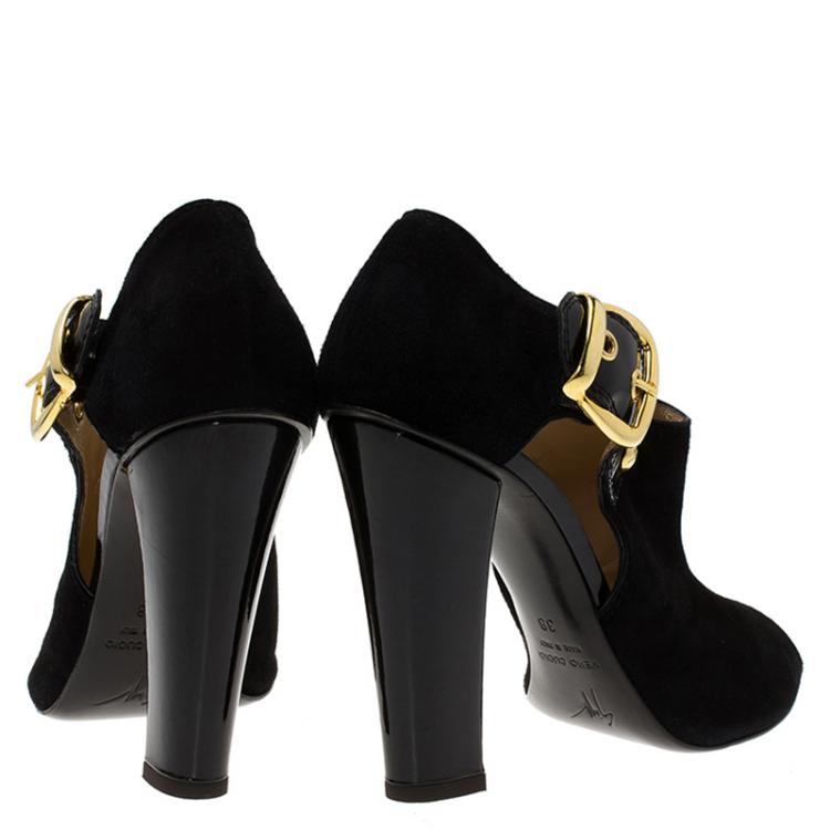Pre Owned Giuseppe Zanotti Black Suede Peep Toe Buckle Booties Size 38