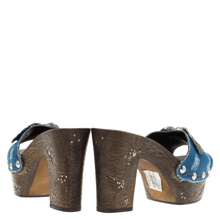 Pre Owned Giuseppe Zanotti Blue Canvas Eagle Embellished Saboot Platform Slides Size 41