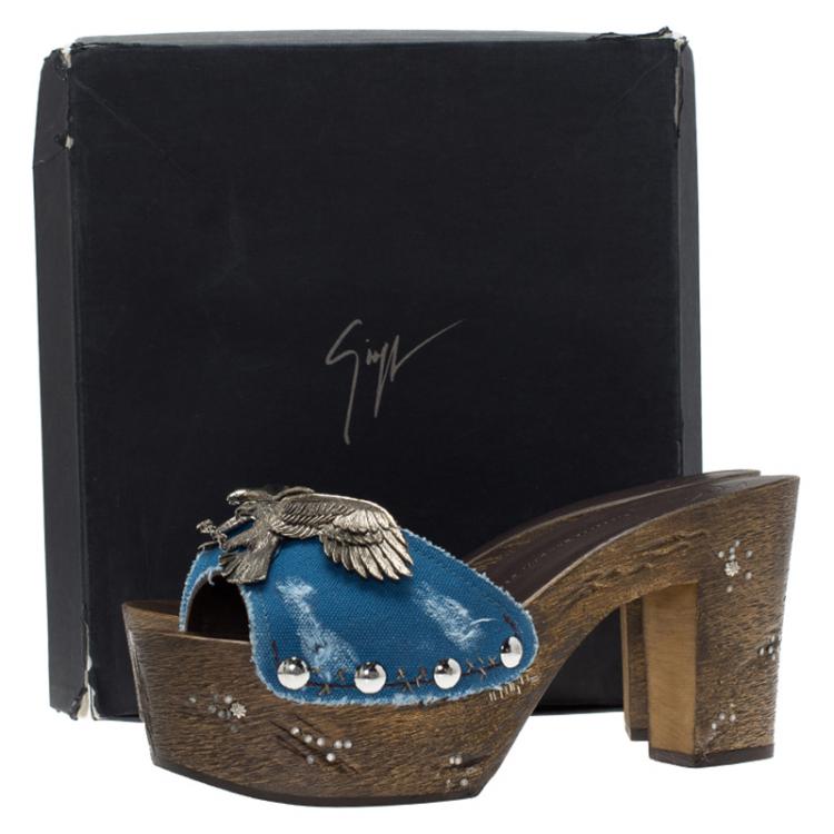 Pre Owned Giuseppe Zanotti Blue Canvas Eagle Embellished Saboot Platform Slides Size 41