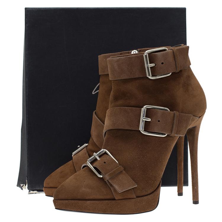 Pre Owned Giuseppe Zanotti Brown Buckled Suede Emy Platform Ankle Boots Size 40