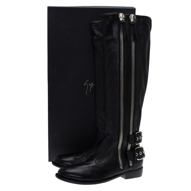 Pre Owned Giuseppe Zanotti Black Leather Zip Trimmed Cobain Knee Boots Size 41