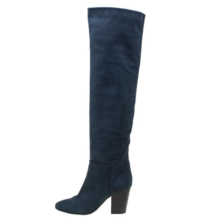 Pre Owned Giuseppe Zanotti Navy Blue Nabucco Leather Block Heel Knee Boots Size 38