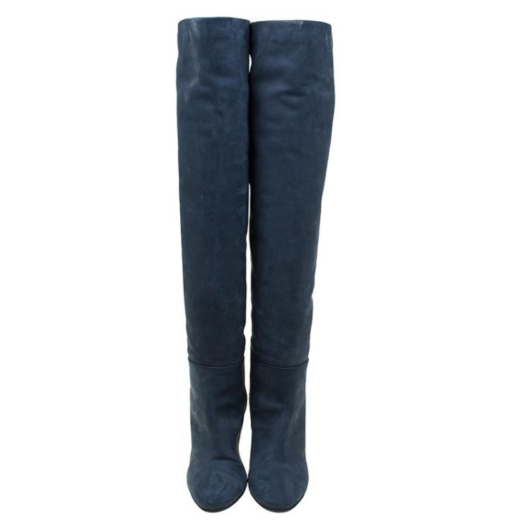 Pre Owned Giuseppe Zanotti Navy Blue Nabucco Leather Block Heel Knee Boots Size 38