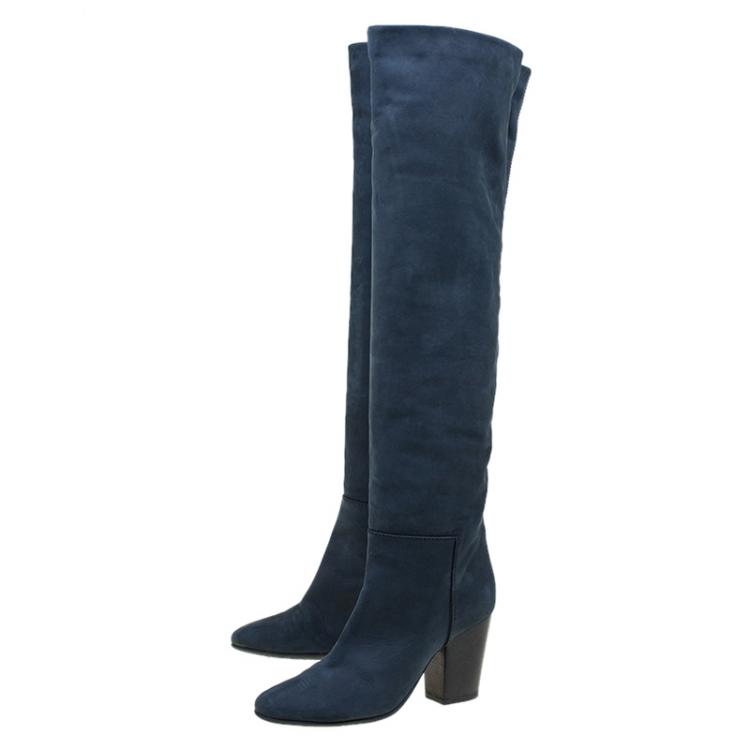 Pre Owned Giuseppe Zanotti Navy Blue Nabucco Leather Block Heel Knee Boots Size 38