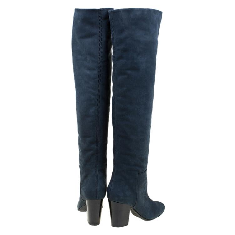 Pre Owned Giuseppe Zanotti Navy Blue Nabucco Leather Block Heel Knee Boots Size 38