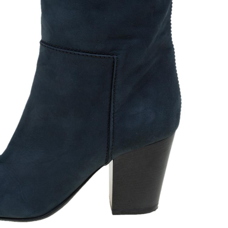 Pre Owned Giuseppe Zanotti Navy Blue Nabucco Leather Block Heel Knee Boots Size 38