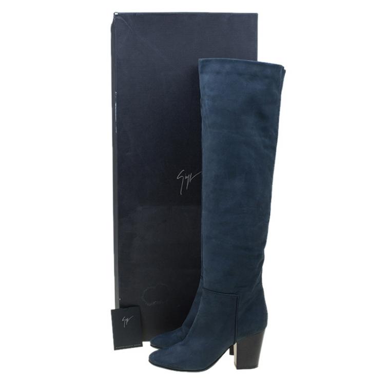 Pre Owned Giuseppe Zanotti Navy Blue Nabucco Leather Block Heel Knee Boots Size 38