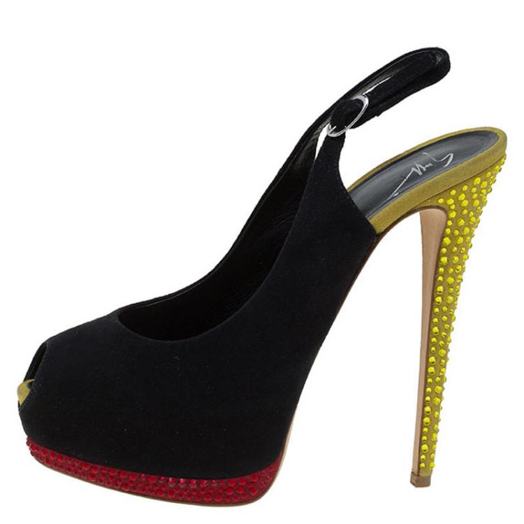 Pre Owned Giuseppe Zanotti Tri Color Suede Embellished Peep Toe Platform Slingback Sandals Size 39