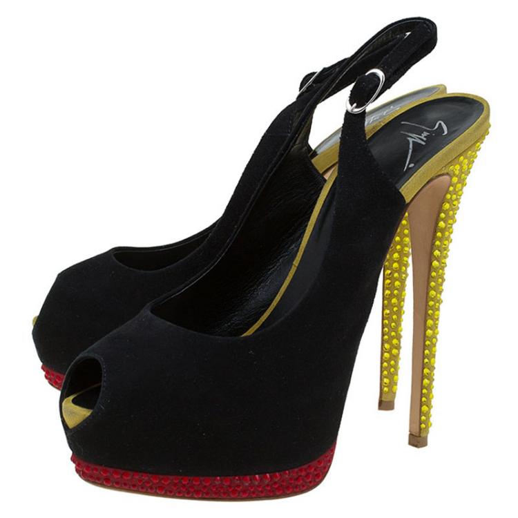 Pre Owned Giuseppe Zanotti Tri Color Suede Embellished Peep Toe Platform Slingback Sandals Size 39
