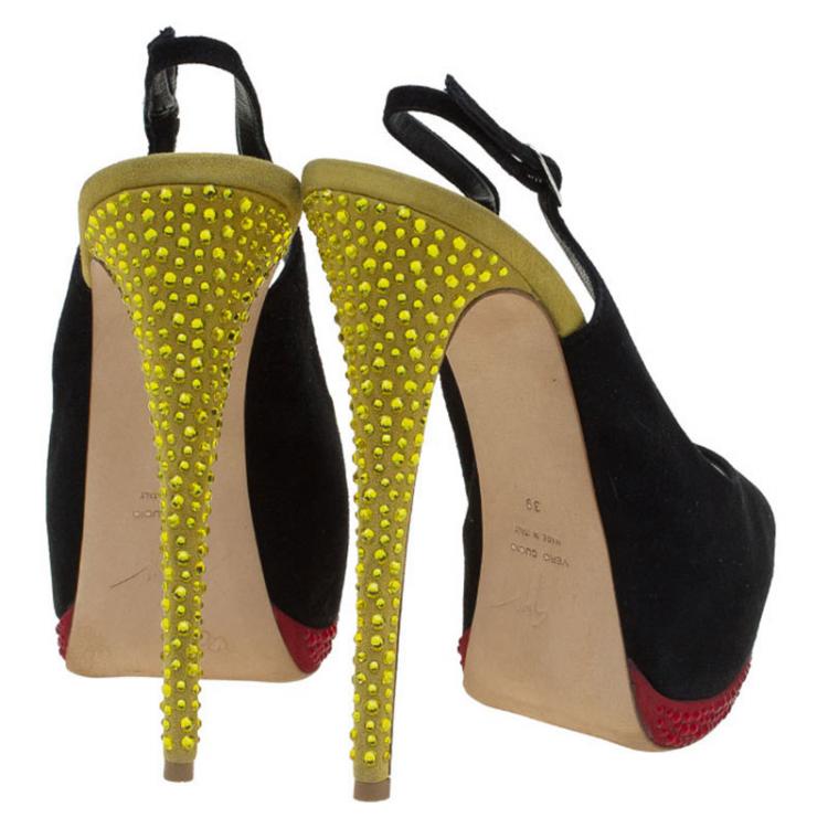 Pre Owned Giuseppe Zanotti Tri Color Suede Embellished Peep Toe Platform Slingback Sandals Size 39