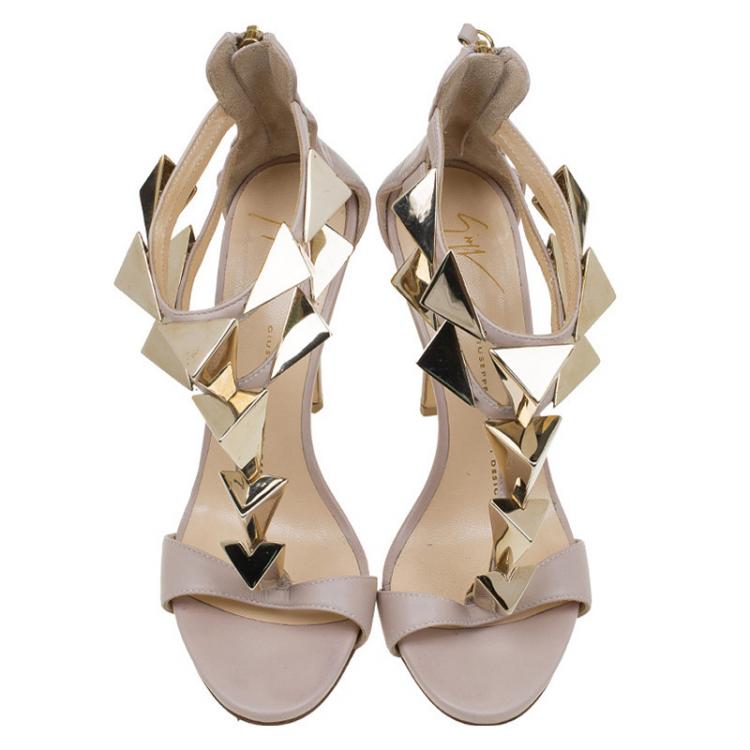 Pre Owned Giuseppe Zanotti Beige Leather Pyramid Stud Embellished Sandals Size 37