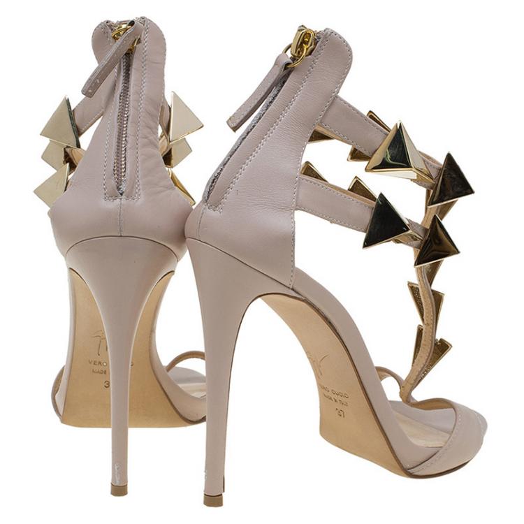 Pre Owned Giuseppe Zanotti Beige Leather Pyramid Stud Embellished Sandals Size 37