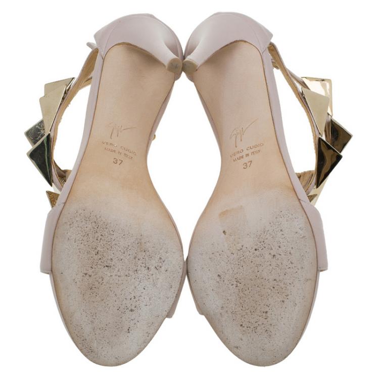 Pre Owned Giuseppe Zanotti Beige Leather Pyramid Stud Embellished Sandals Size 37