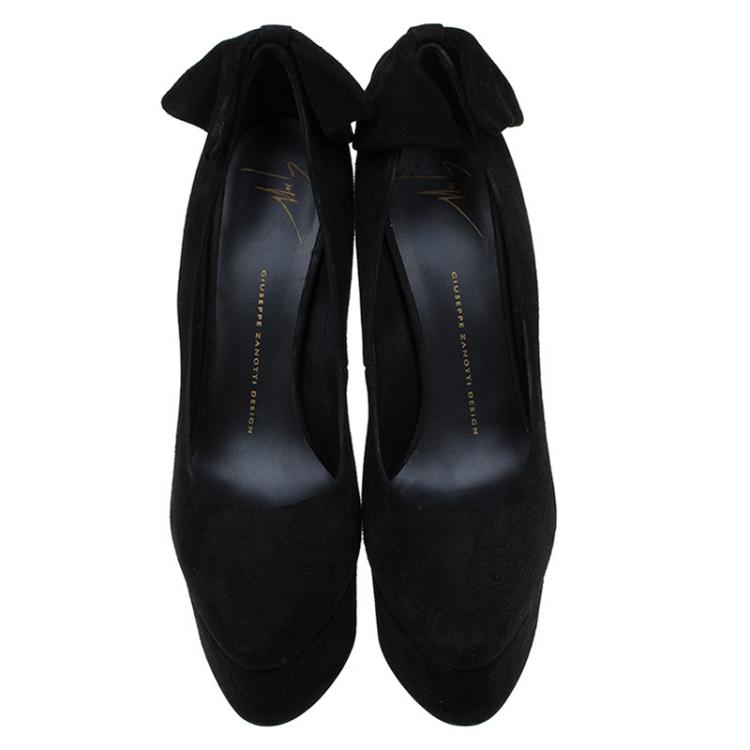 Pre Owned Giuseppe Zanotti Black Suede Debra Bow Platform Pumps Size 38.5