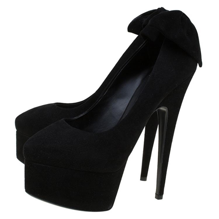 Pre Owned Giuseppe Zanotti Black Suede Debra Bow Platform Pumps Size 38.5