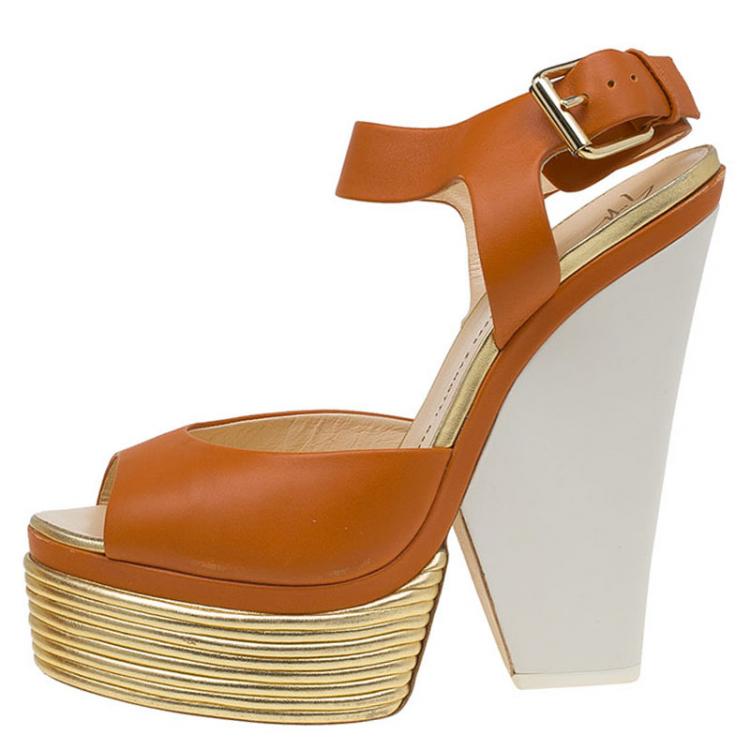 Pre Owned Giuseppe Zanotti Orange Leather Platform Wedge Sandals Size 41