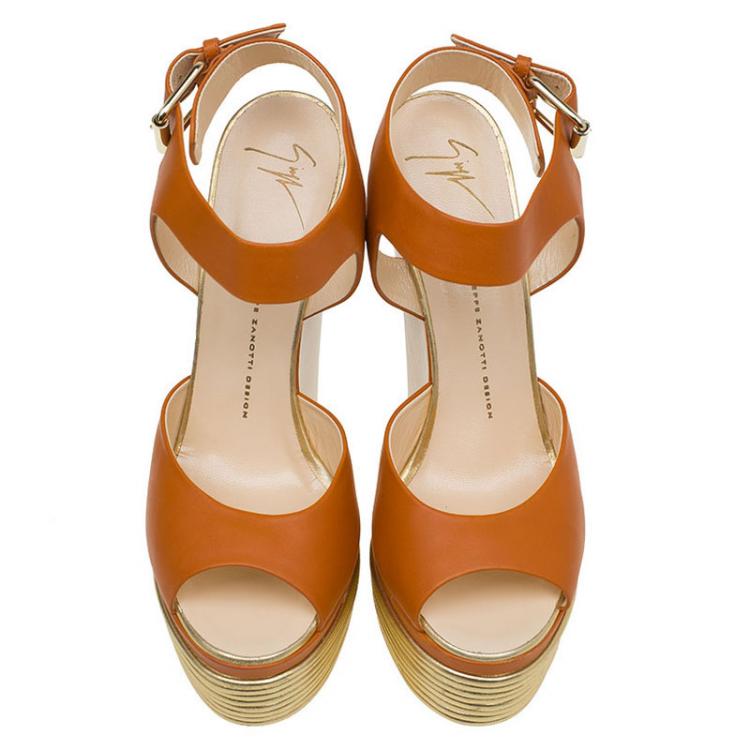 Pre Owned Giuseppe Zanotti Orange Leather Platform Wedge Sandals Size 41
