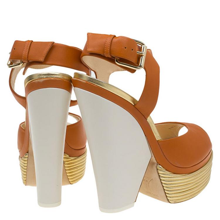 Pre Owned Giuseppe Zanotti Orange Leather Platform Wedge Sandals Size 41