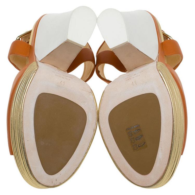 Pre Owned Giuseppe Zanotti Orange Leather Platform Wedge Sandals Size 41