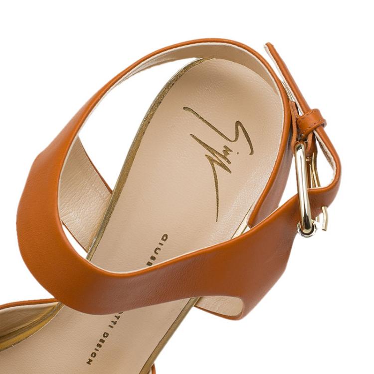 Pre Owned Giuseppe Zanotti Orange Leather Platform Wedge Sandals Size 41