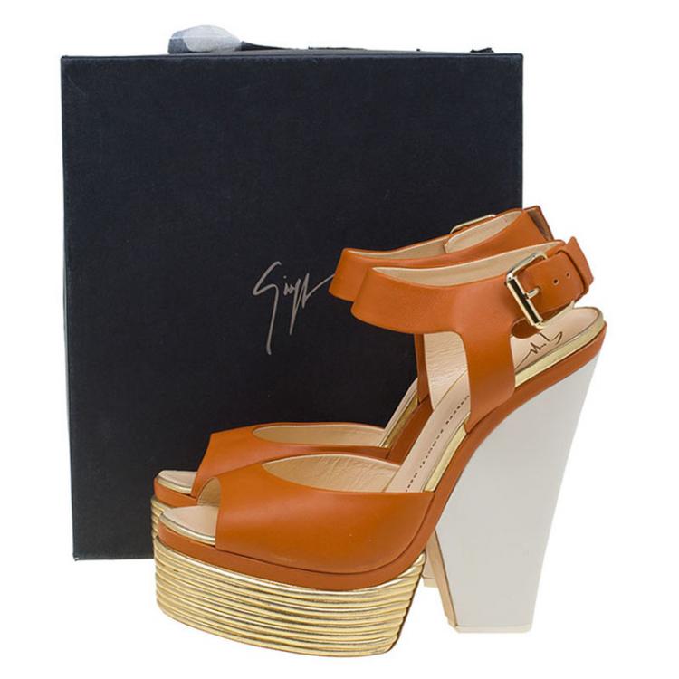 Pre Owned Giuseppe Zanotti Orange Leather Platform Wedge Sandals Size 41