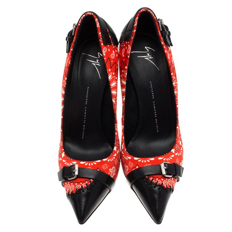 Pre Owned Giuseppe Zanotti Red Floral Satin and Leather Pumps Size 40