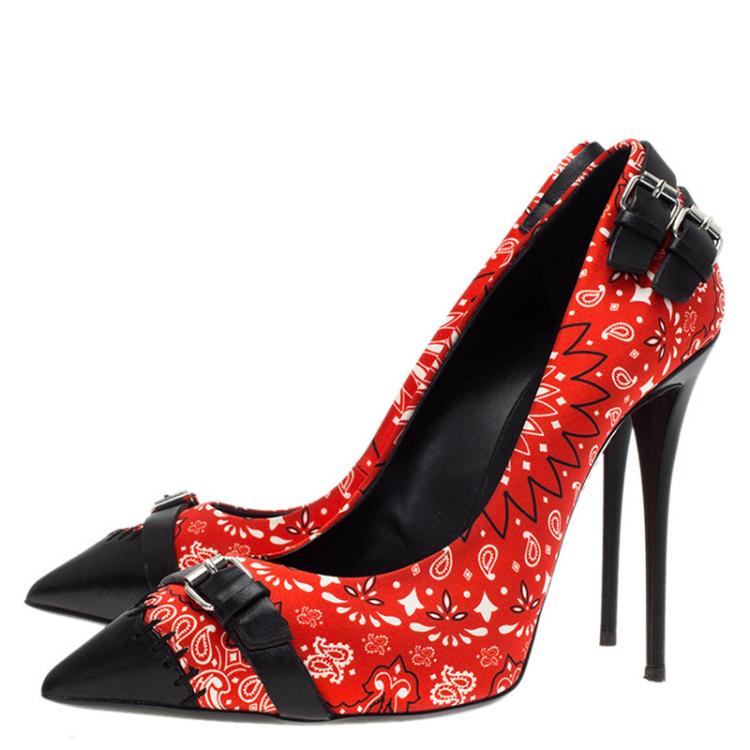 Pre Owned Giuseppe Zanotti Red Floral Satin and Leather Pumps Size 40