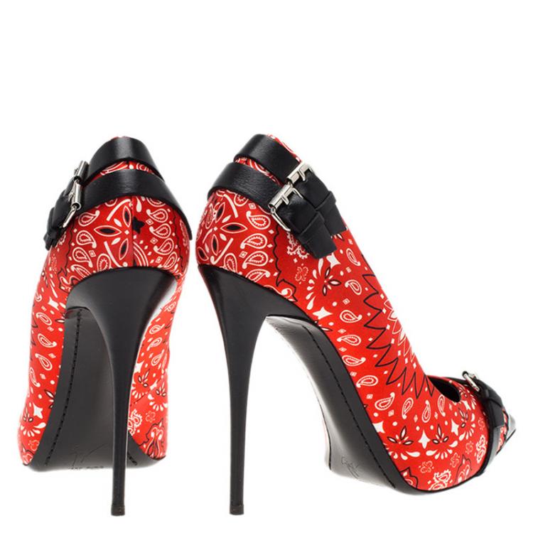 Pre Owned Giuseppe Zanotti Red Floral Satin and Leather Pumps Size 40