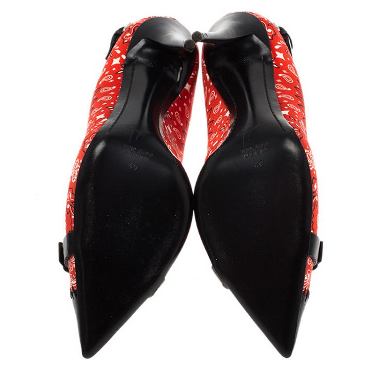 Pre Owned Giuseppe Zanotti Red Floral Satin and Leather Pumps Size 40