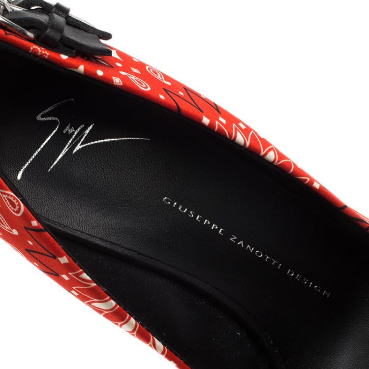 Pre Owned Giuseppe Zanotti Red Floral Satin and Leather Pumps Size 40