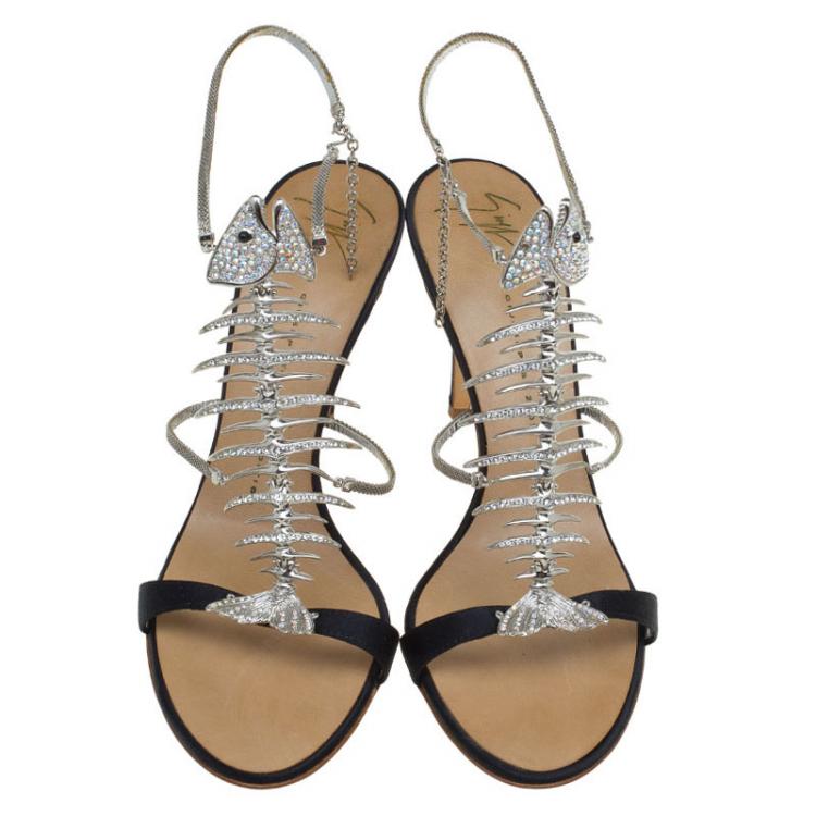 Pre Owned Giuseppe Zanotti Black Satin Crystal Encrusted Fish Bone Embellished Sandals Size 38