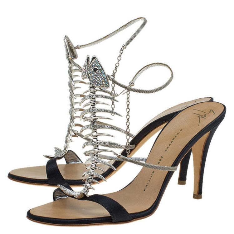 Pre Owned Giuseppe Zanotti Black Satin Crystal Encrusted Fish Bone Embellished Sandals Size 38
