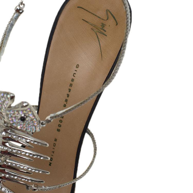 Pre Owned Giuseppe Zanotti Black Satin Crystal Encrusted Fish Bone Embellished Sandals Size 38